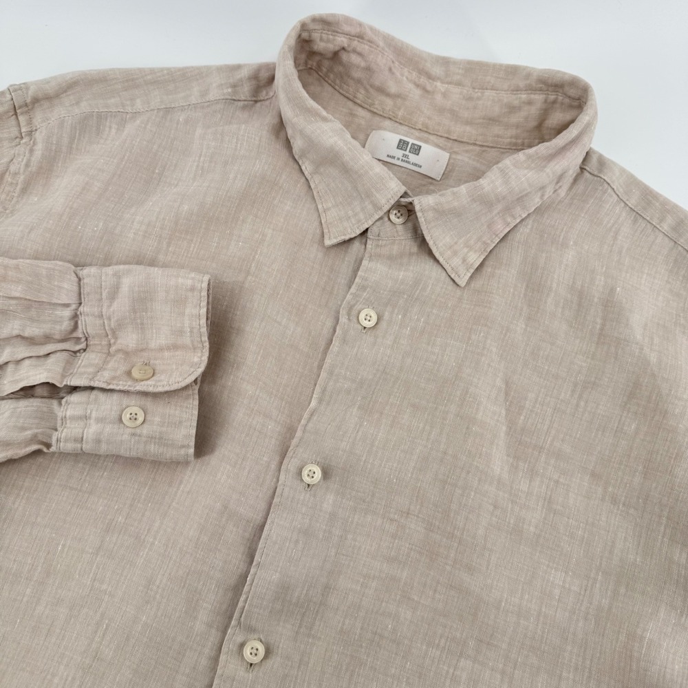 Uniqlo Button Down Shirt Mens 3XL Beige 100% Linen Long Sleeve